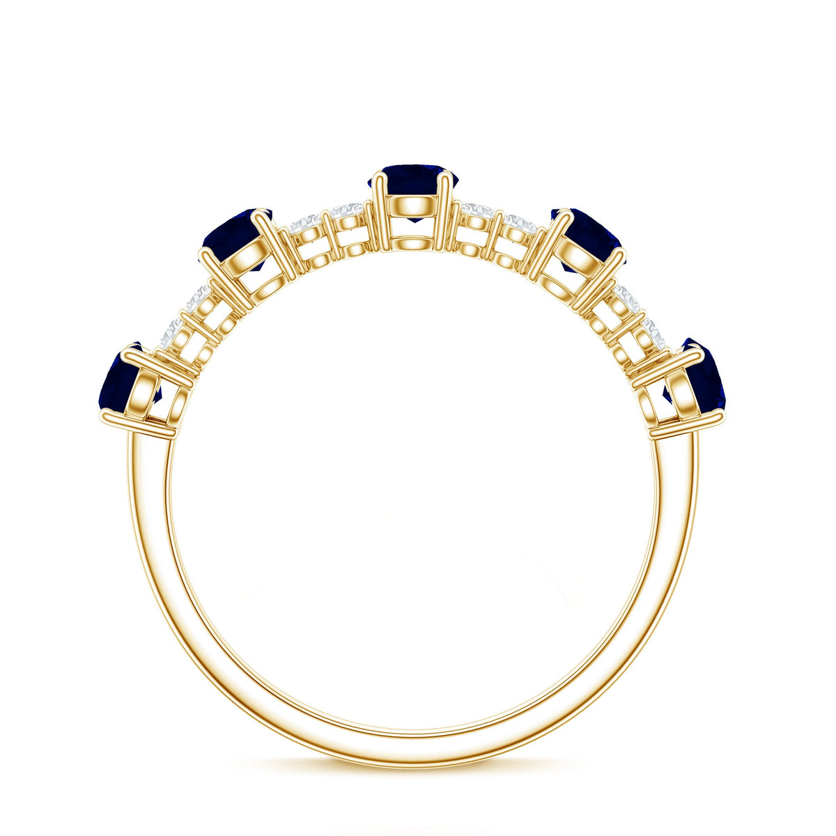 Anillo de media eternidad de zafiro azul redondo y diamantes