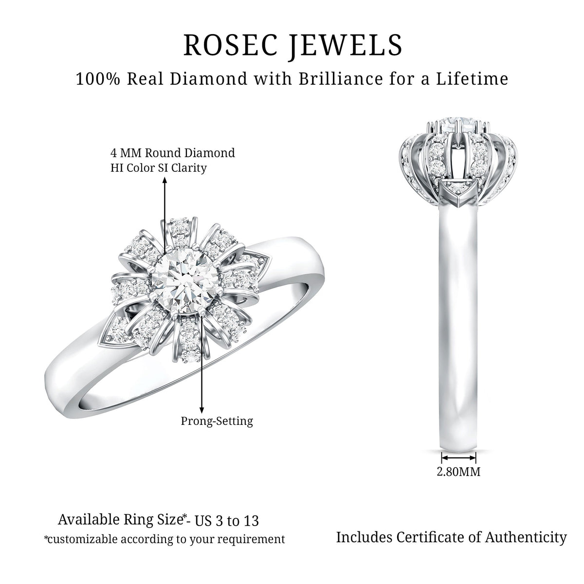 Certified Real Diamond Flower Engagement Ring for Women