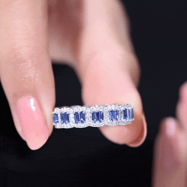 Anillo de eternidad de zafiro azul creado en laboratorio, certificado, con diamantes