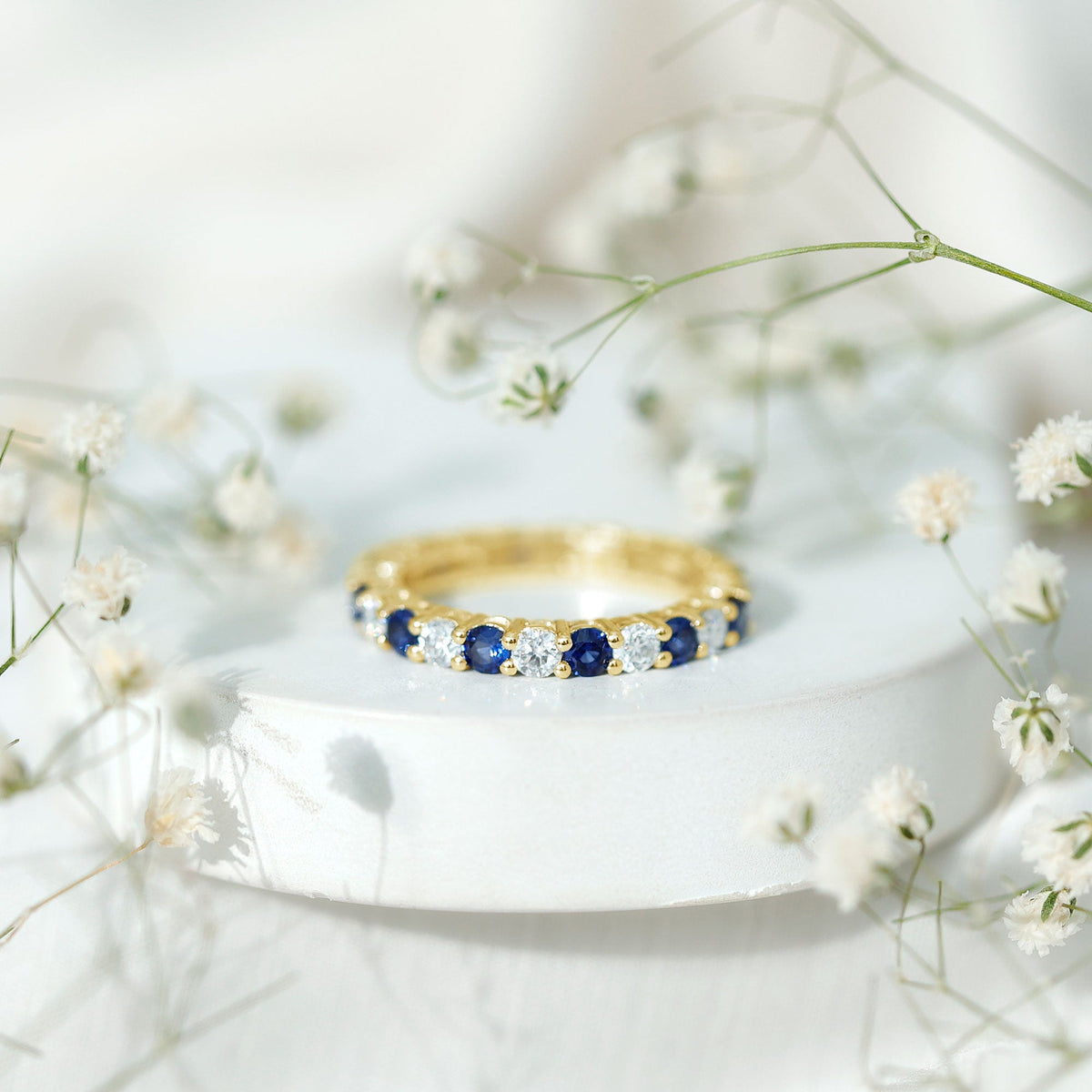 Certified Round Lab Grown Blue Sapphire Eternity Band Ring with Moissanite