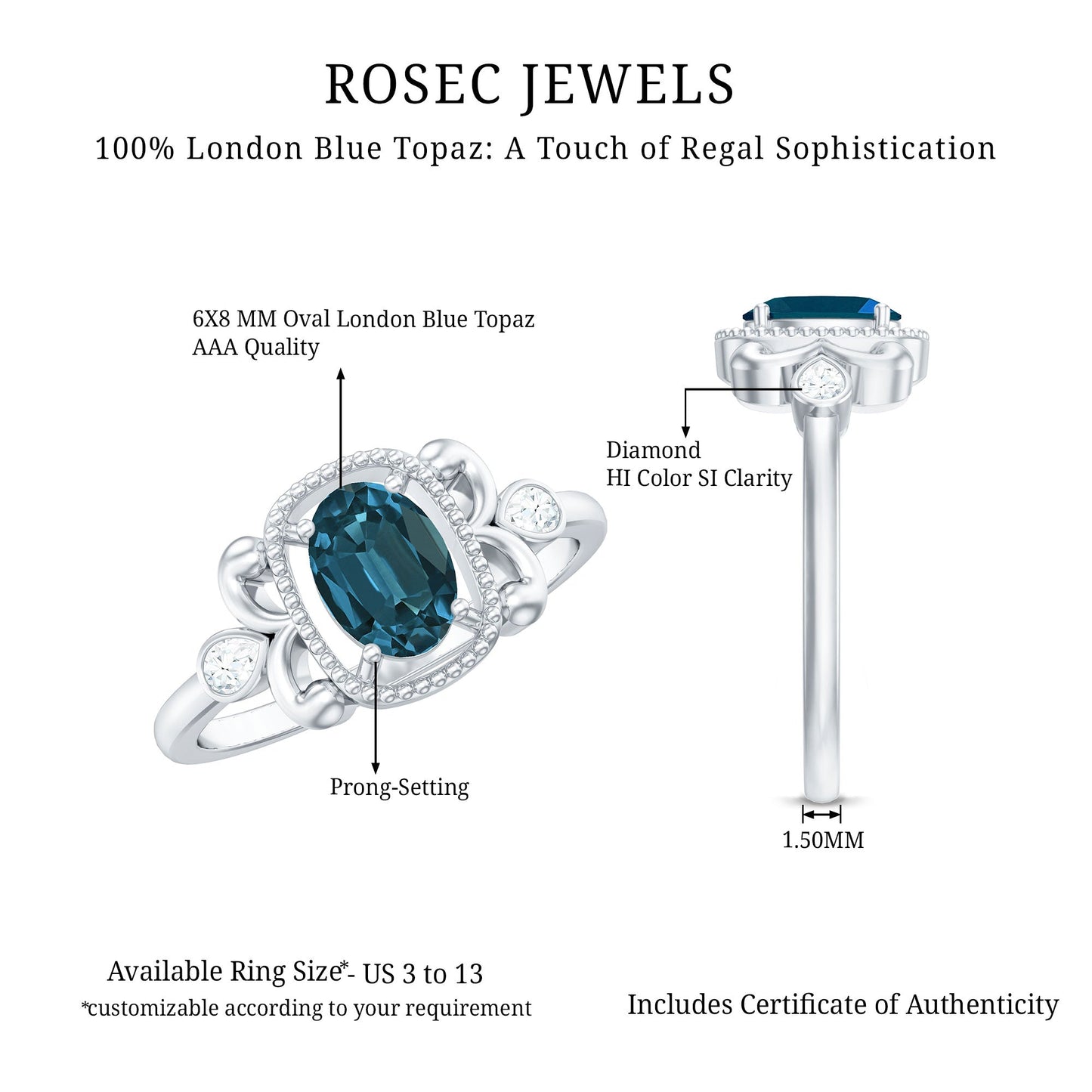 Anillo de compromiso Art Déco de topacio azul de Londres y diamante