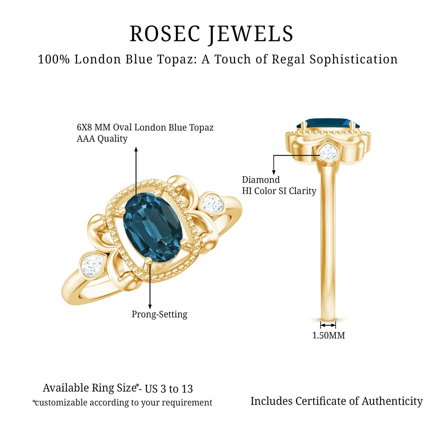 Anillo de compromiso Art Déco de topacio azul de Londres y diamante