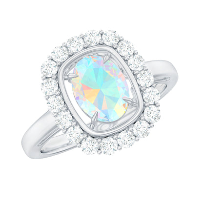 1.2 Carat Oval Cut Ethiopian Opal Halo Engagement Ring with Moissanite