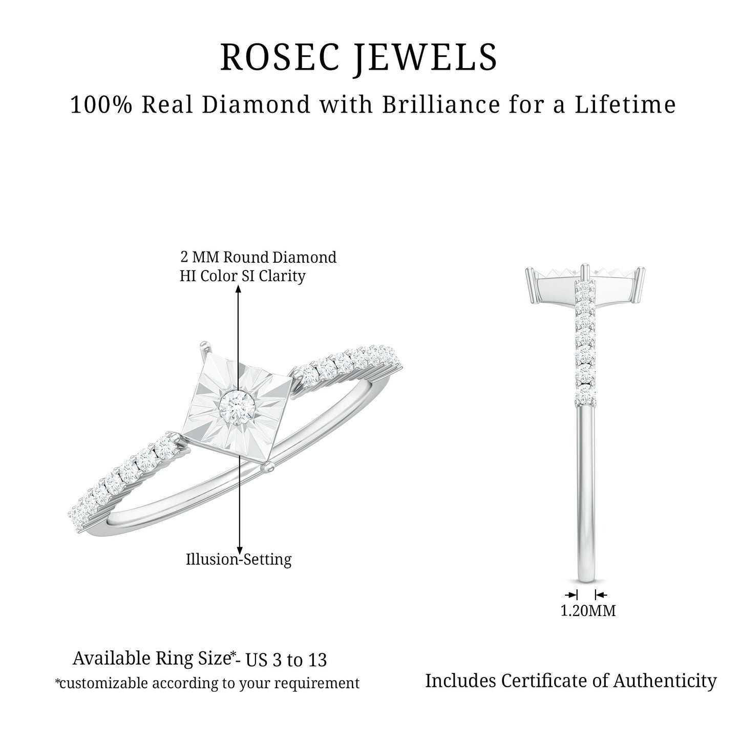 Anillo de promesa de diamante auténtico en engaste de ilusión