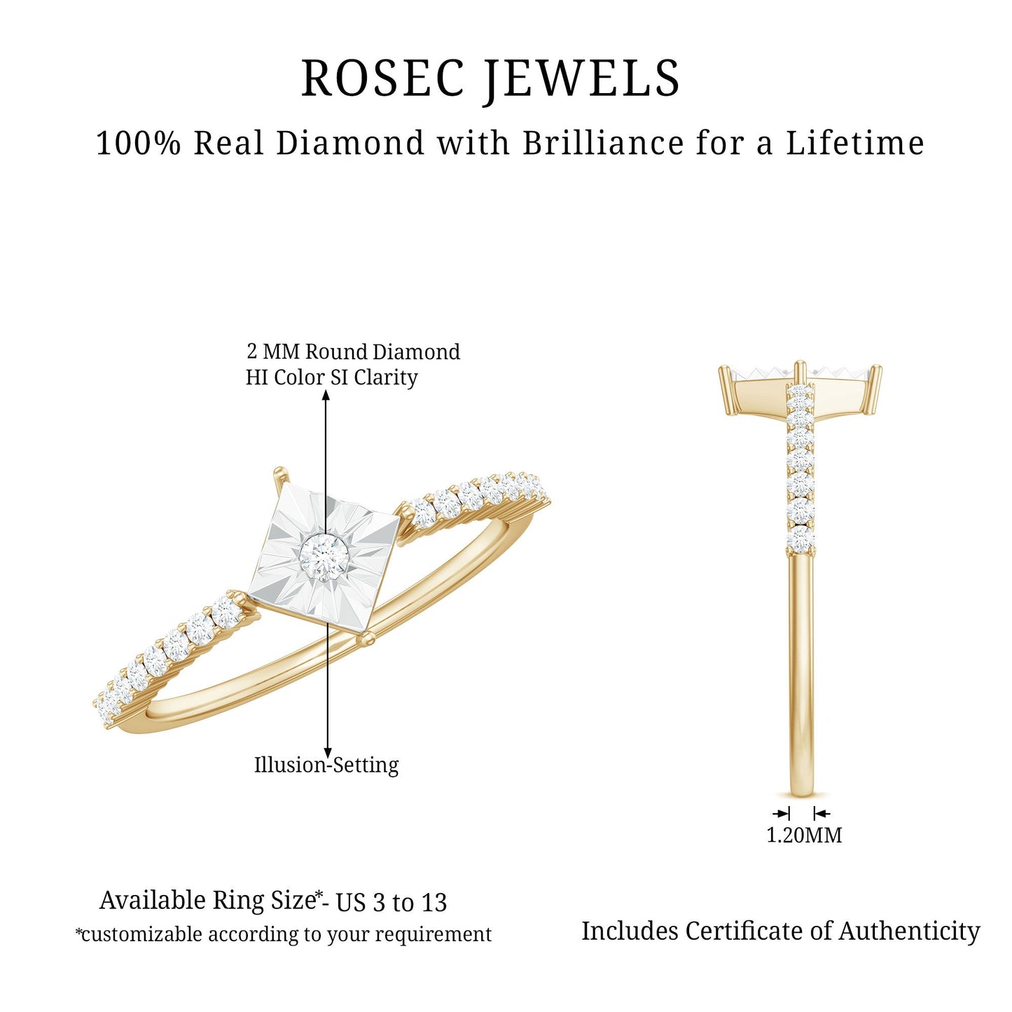 Anillo de promesa de diamante auténtico en engaste de ilusión