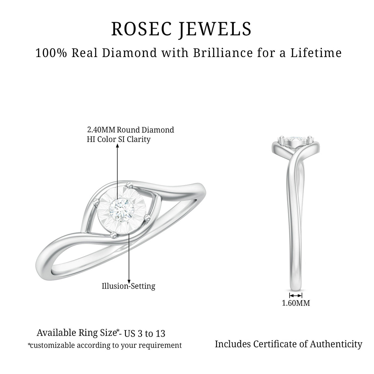 Anillo de promesa minimalista de diamante real certificado para mujer