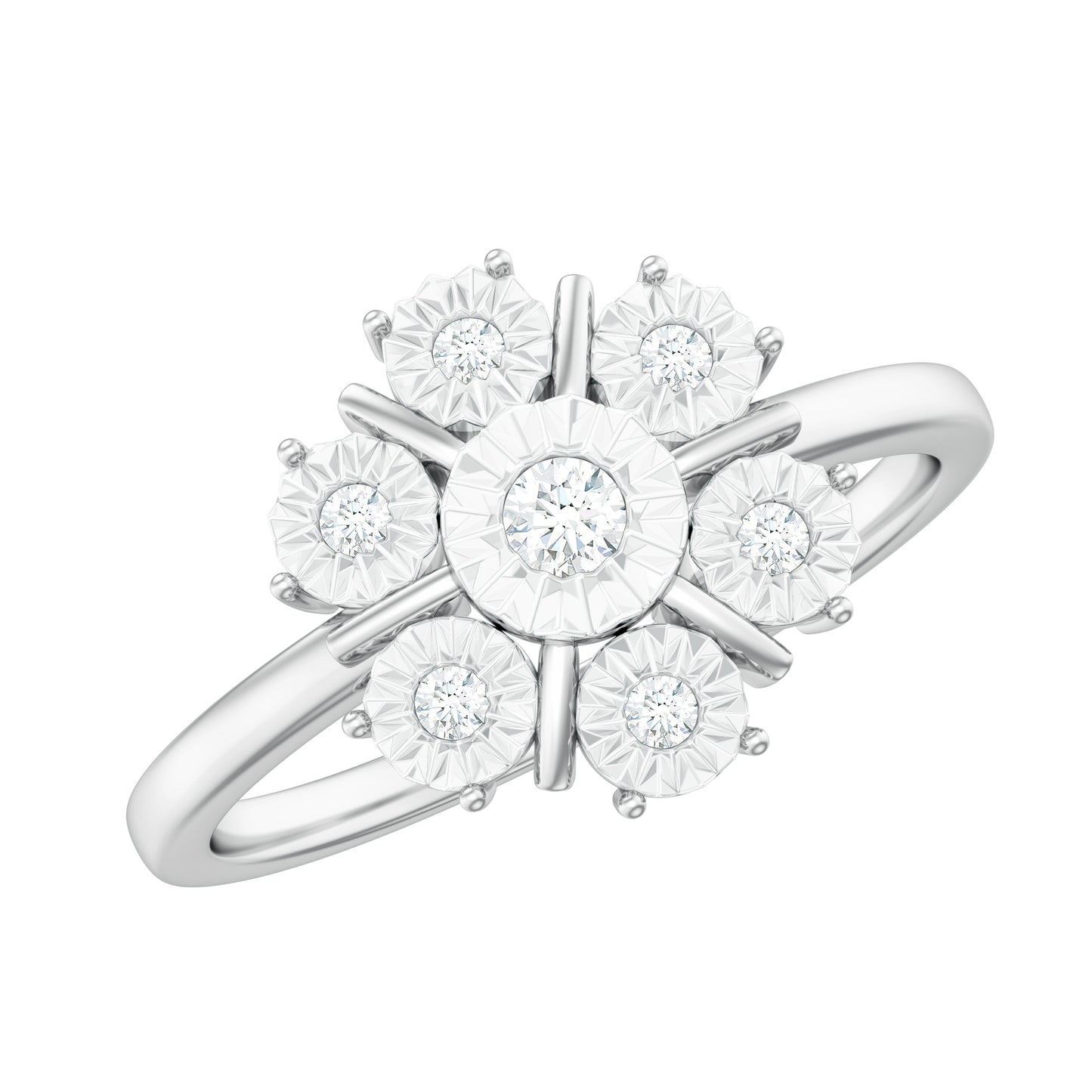Anillo de compromiso de diamantes naturales en racimo con montura de ilusión