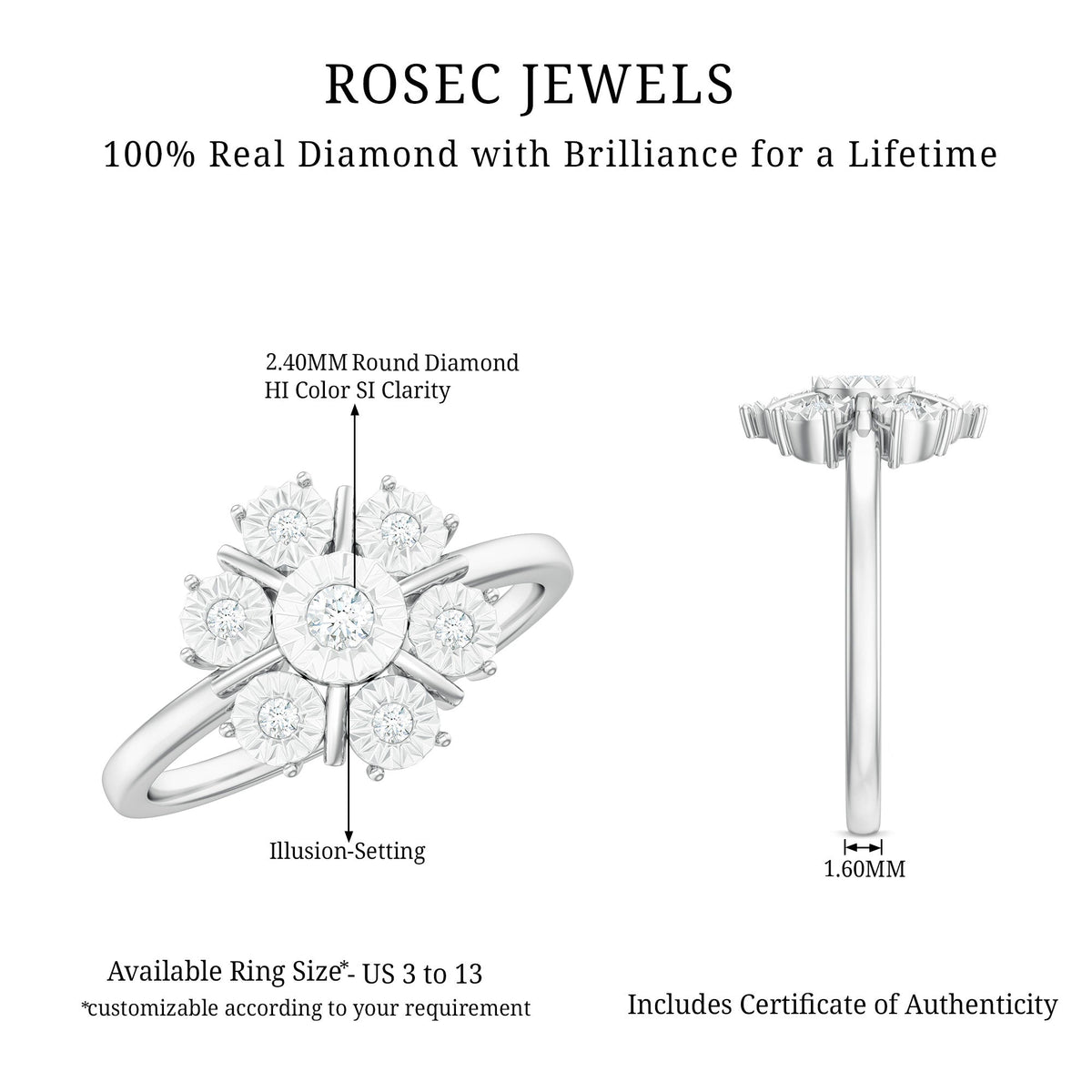 Anillo de compromiso de diamantes naturales en racimo con montura de ilusión