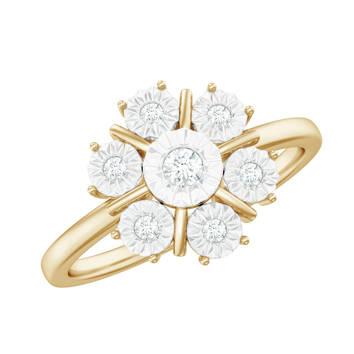 Anillo de compromiso de diamantes naturales en racimo con montura de ilusión