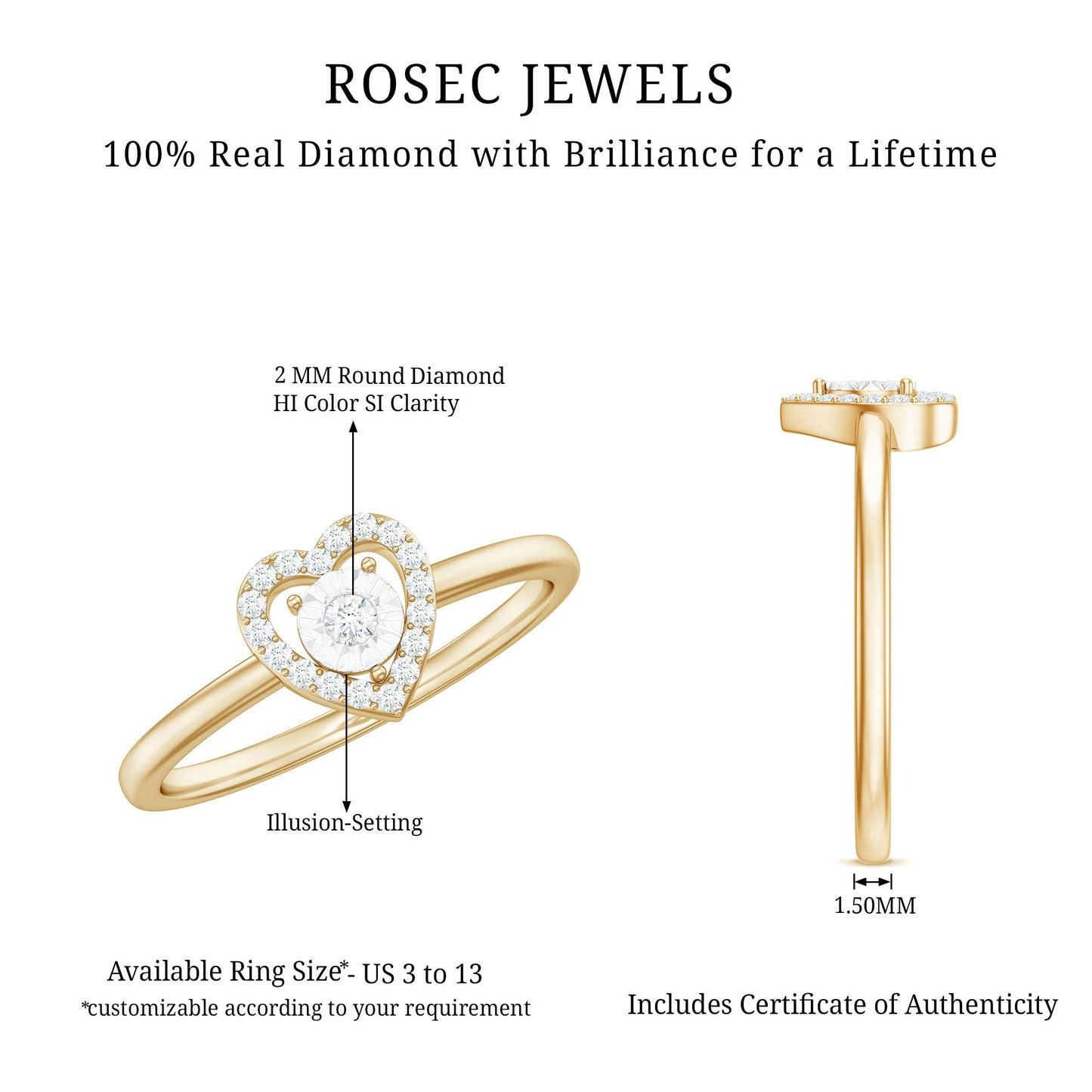 Anillo de Compromiso de Corazón de Diamante Auténtico Certificado
