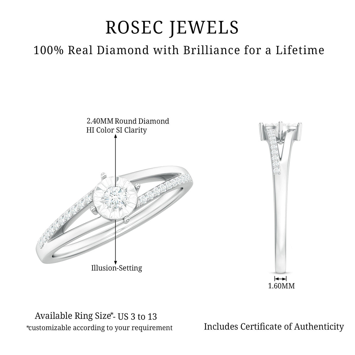 Anillo de compromiso de diamante natural con vástago dividido