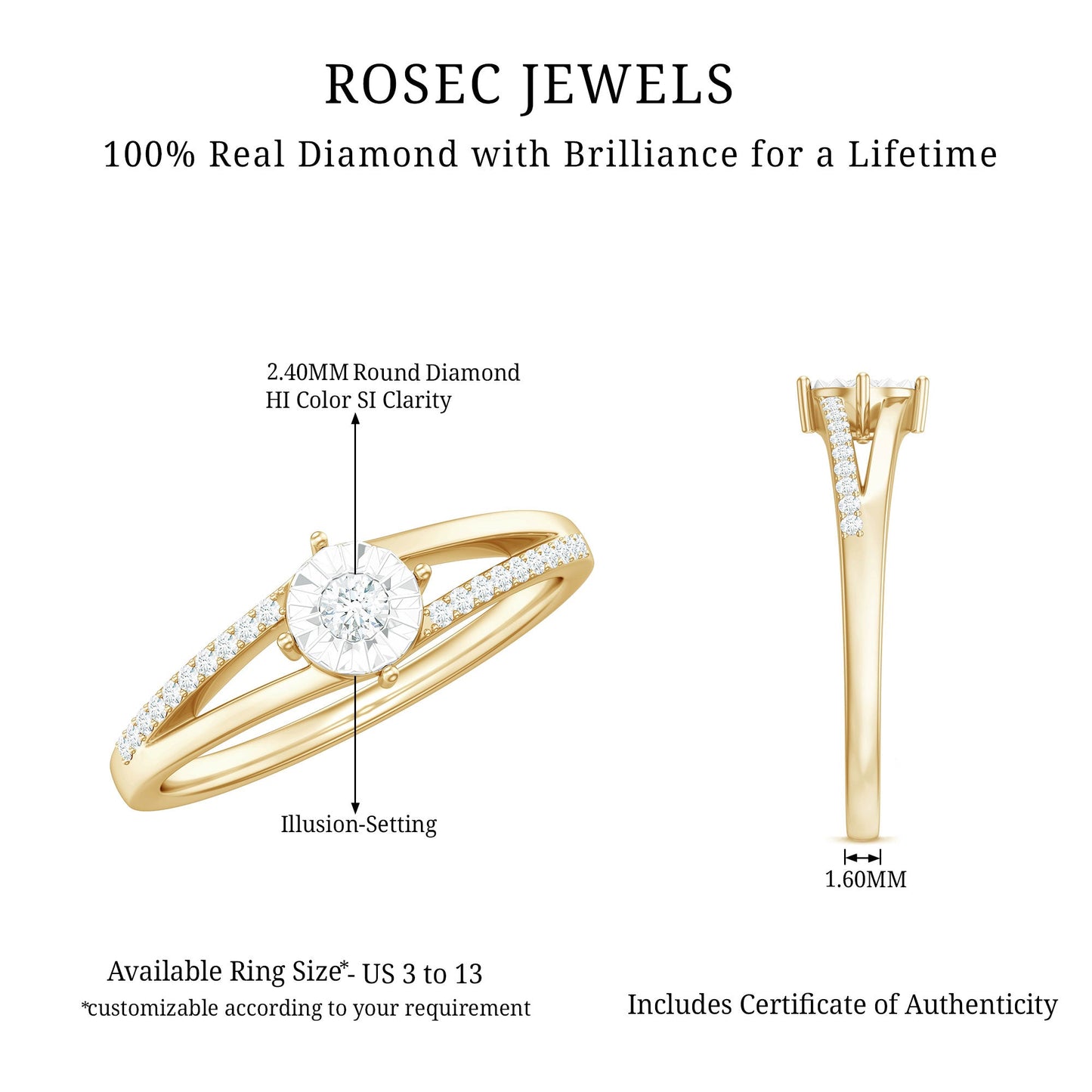 Anillo de compromiso de diamante natural con vástago dividido