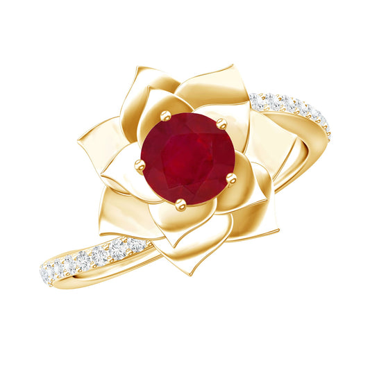 Anillo de compromiso de flor de rubí natural de 0,6 quilates con montura de diamante en diseño bypass