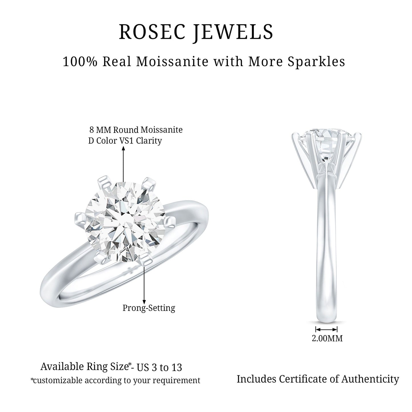 Anillo de compromiso solitario de moissanita talla brillante de 2 CT con certificado