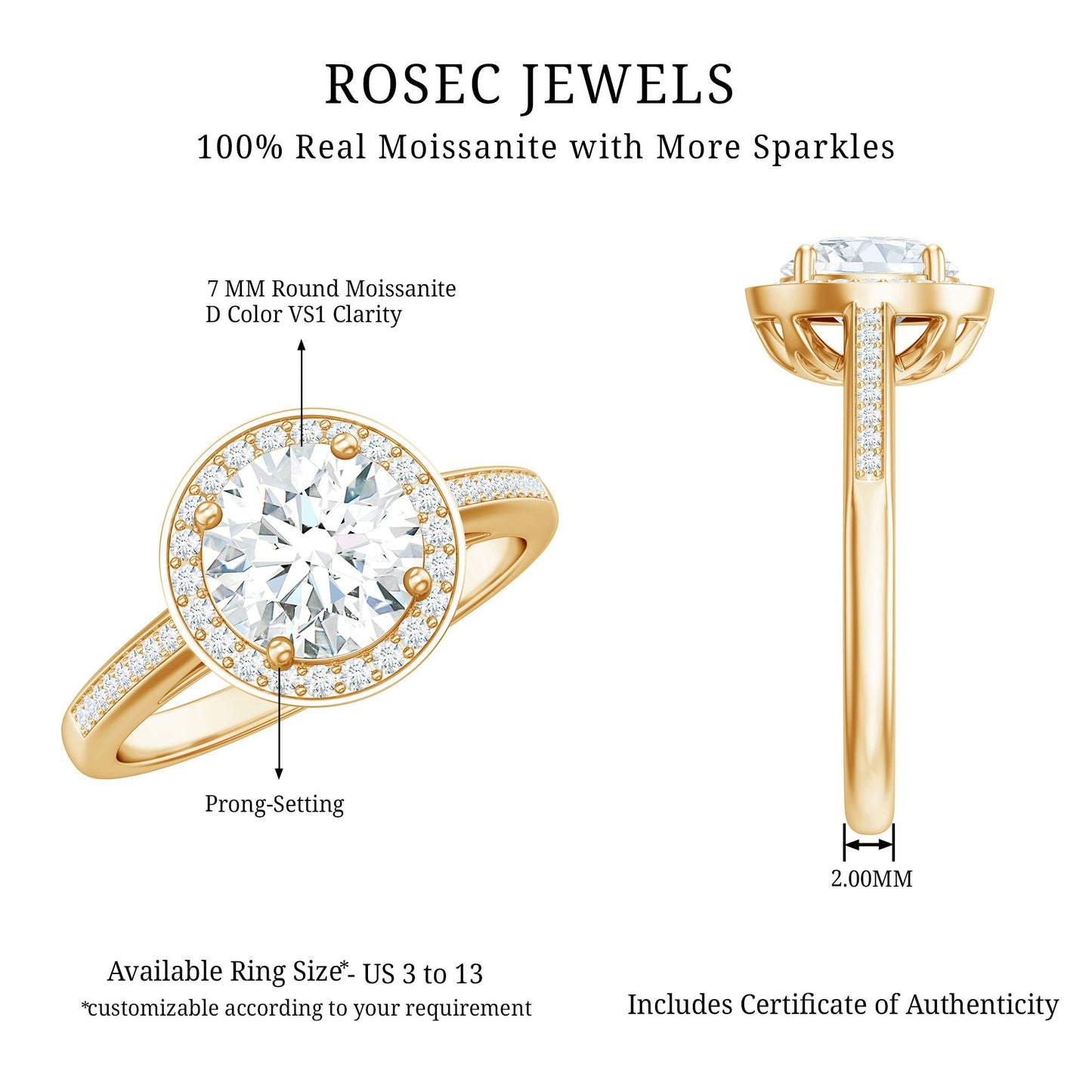 Anillo de compromiso de moissanita redonda con halo y certificado