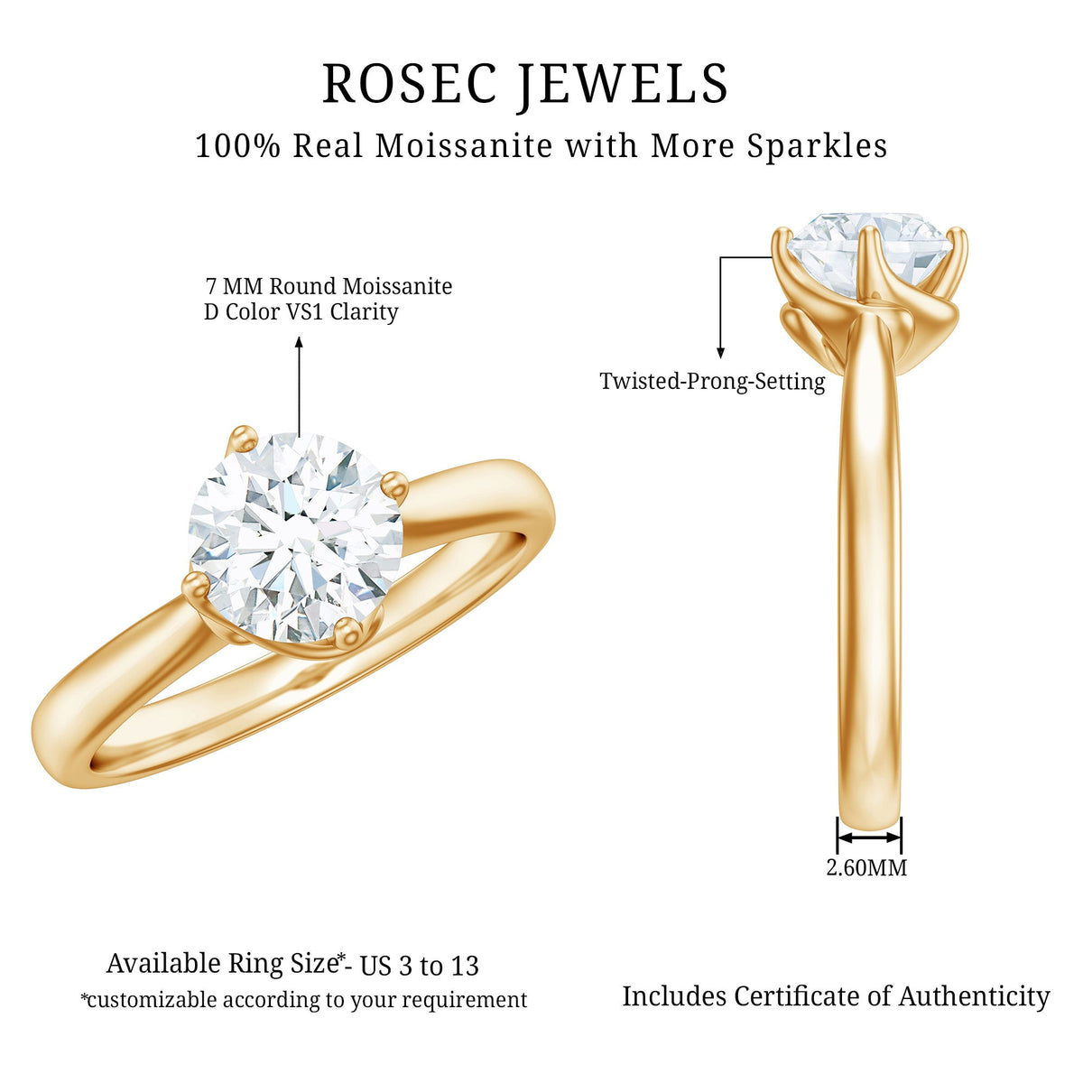 Anillo de compromiso solitario de moissanita con garras retorcidas y certificado