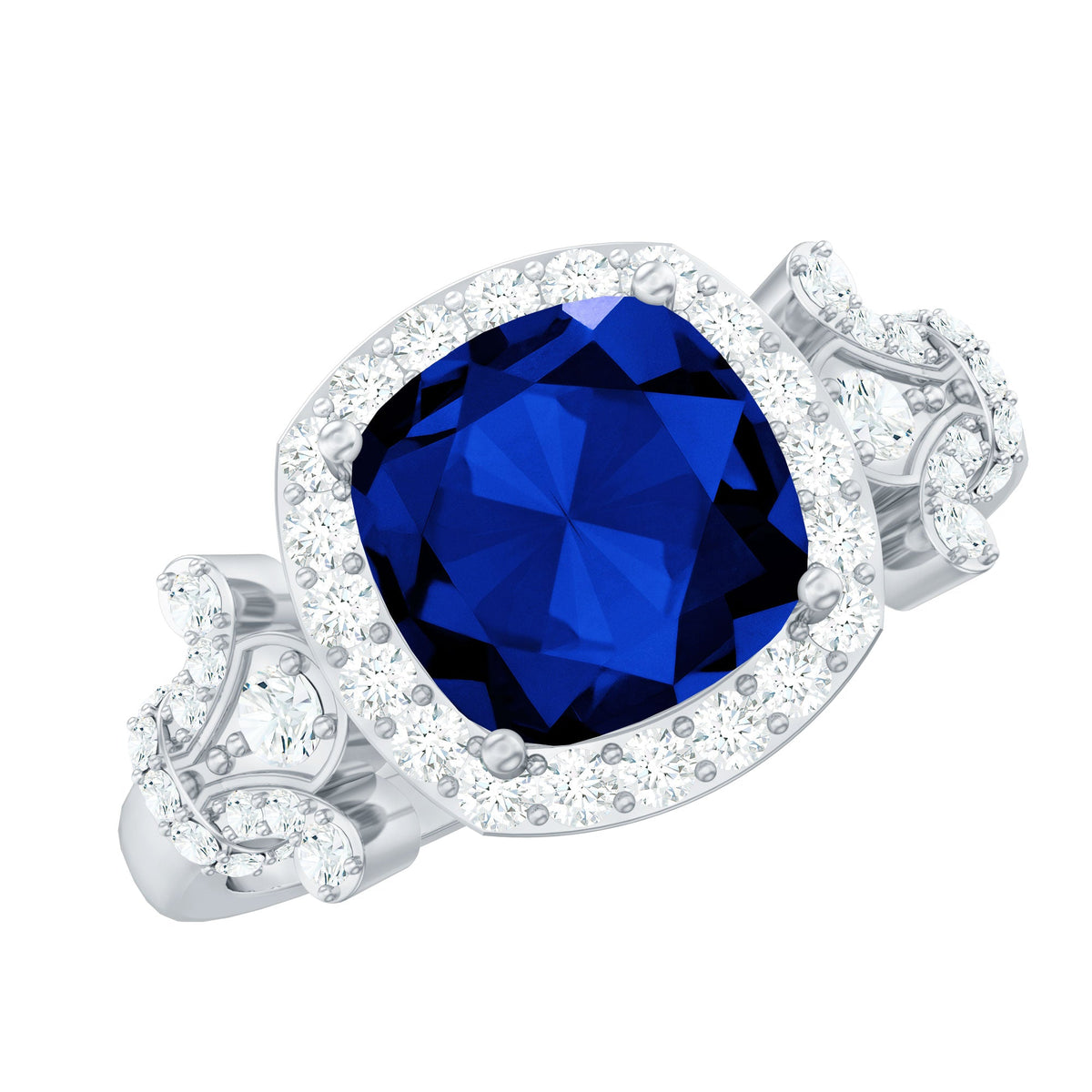 Anillo de compromiso de zafiro azul creado de 2,7 quilates con talla cushion y acento de diamante