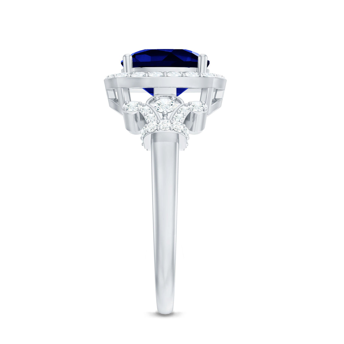 Anillo de compromiso de zafiro azul creado de 2,7 quilates con talla cushion y acento de diamante