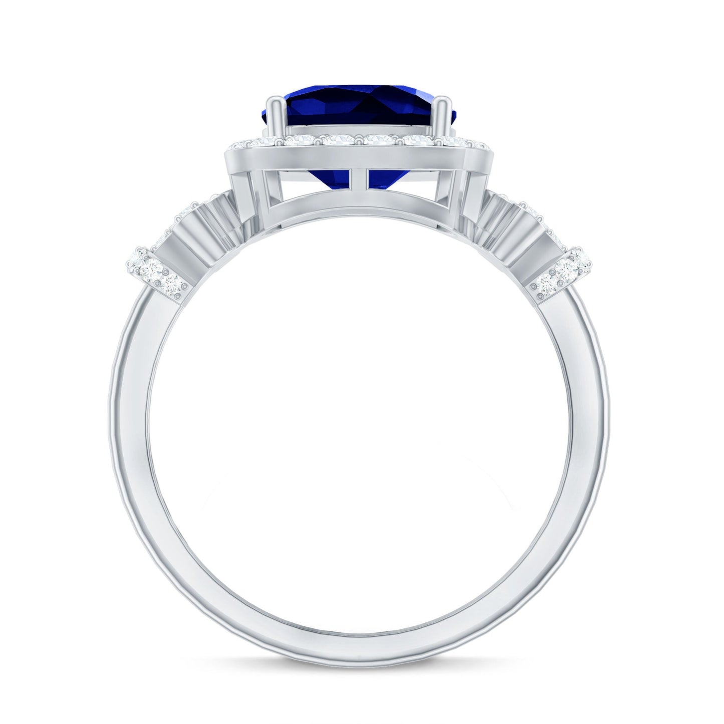 Anillo de compromiso de zafiro azul creado de 2,7 quilates con talla cushion y acento de diamante