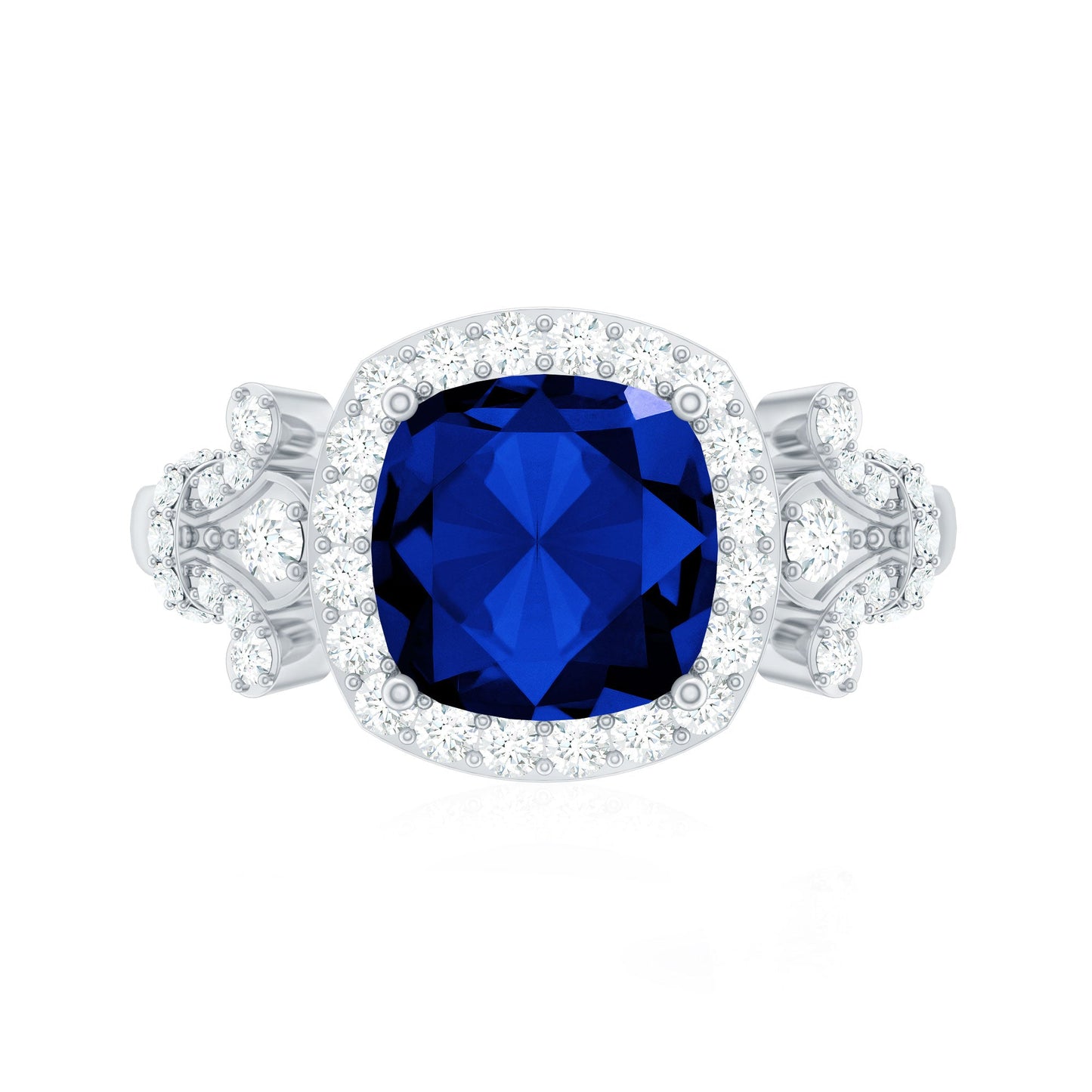 Anillo de compromiso de zafiro azul creado de 2,7 quilates con talla cushion y acento de diamante