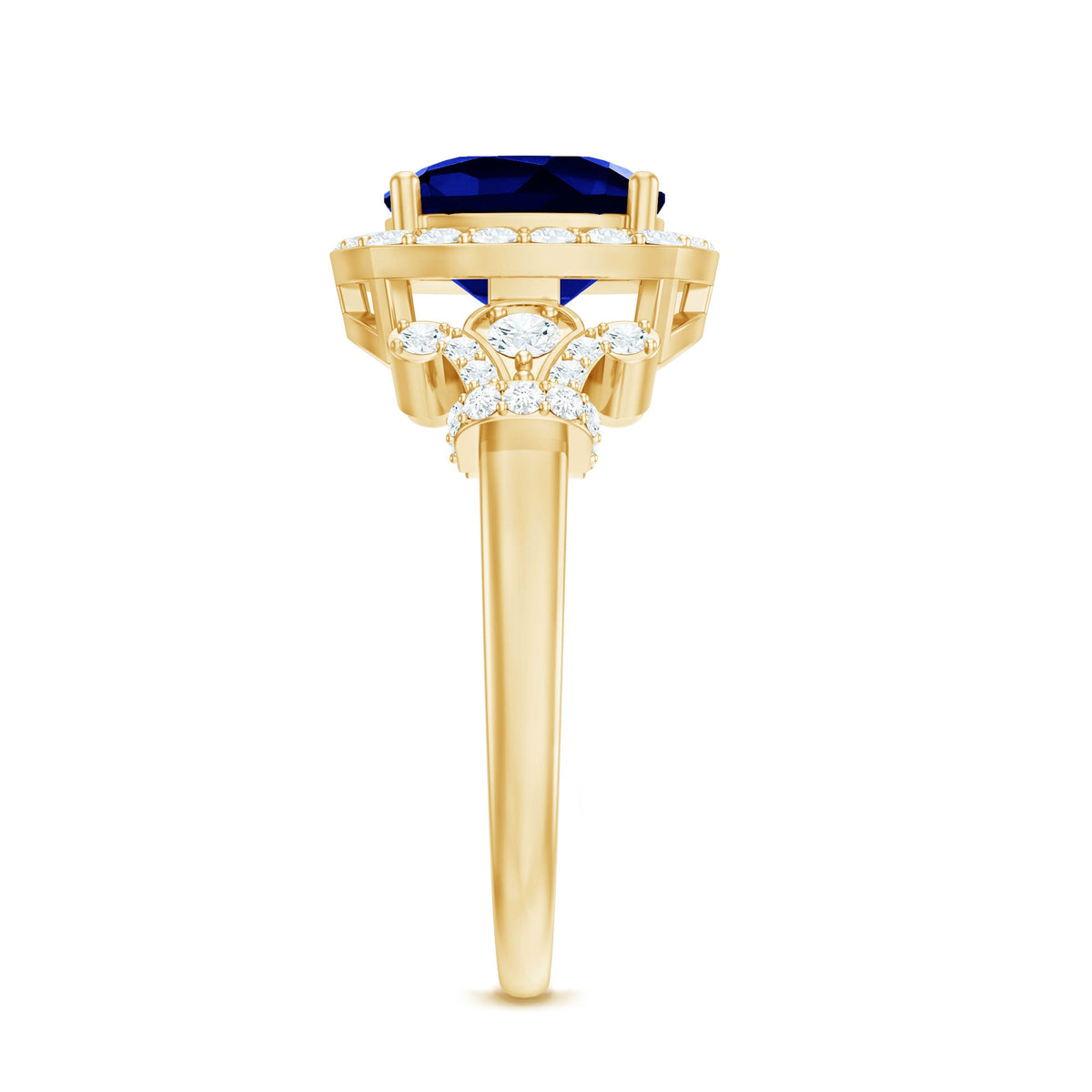 Anillo de compromiso de zafiro azul creado de 2,7 quilates con talla cushion y acento de diamante