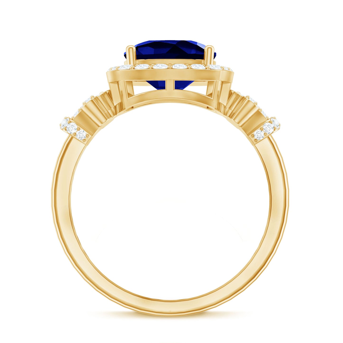 Anillo de compromiso de zafiro azul creado de 2,7 quilates con talla cushion y acento de diamante