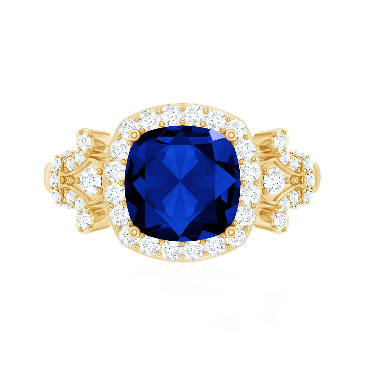 Anillo de compromiso de zafiro azul creado de 2,7 quilates con talla cushion y acento de diamante