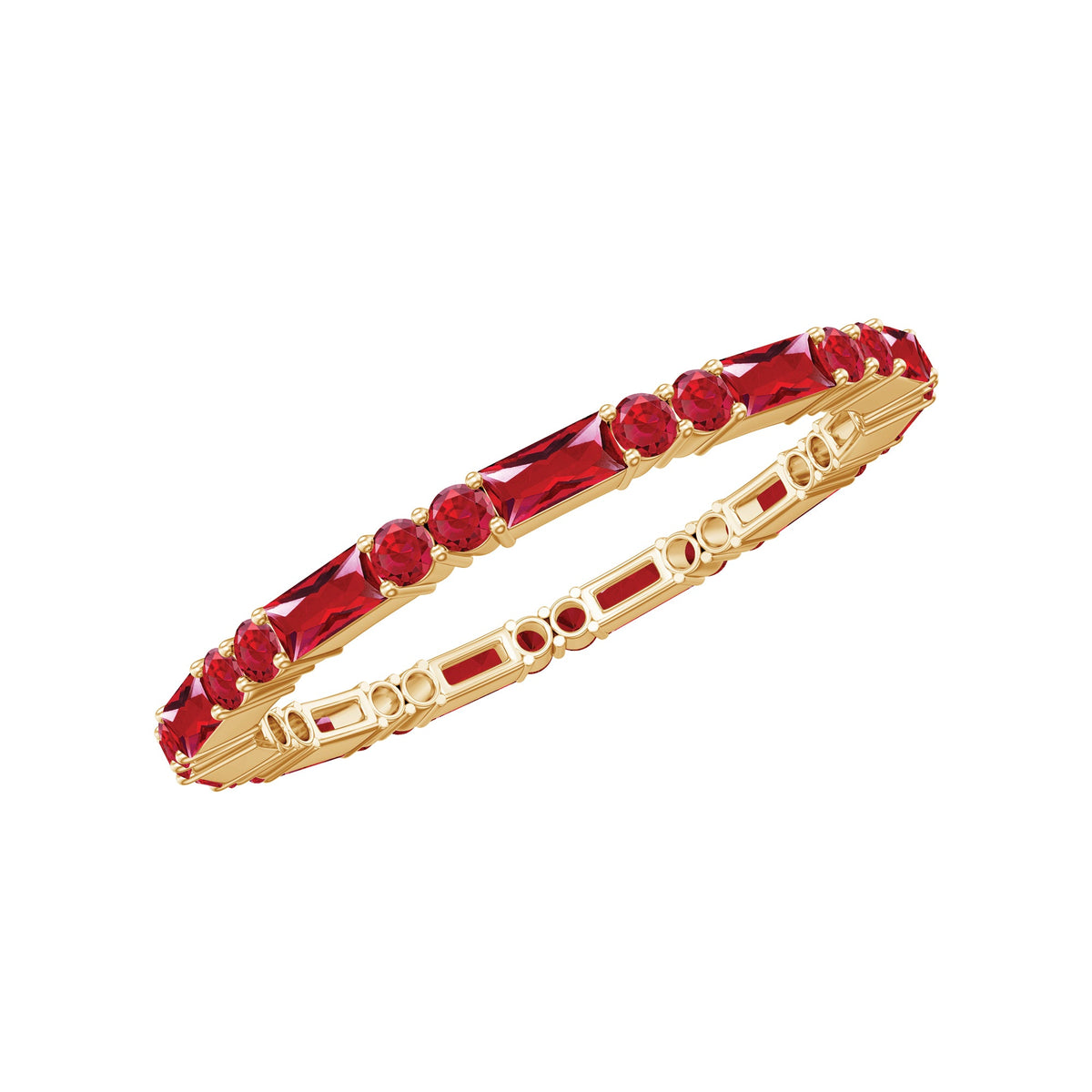 Anillo de eternidad de rubíes creados en laboratorio, talla baguette y redonda