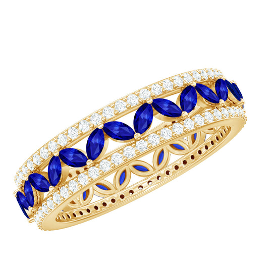 Anillo de boda con zafiro azul de laboratorio y diamantes talla marquesa
