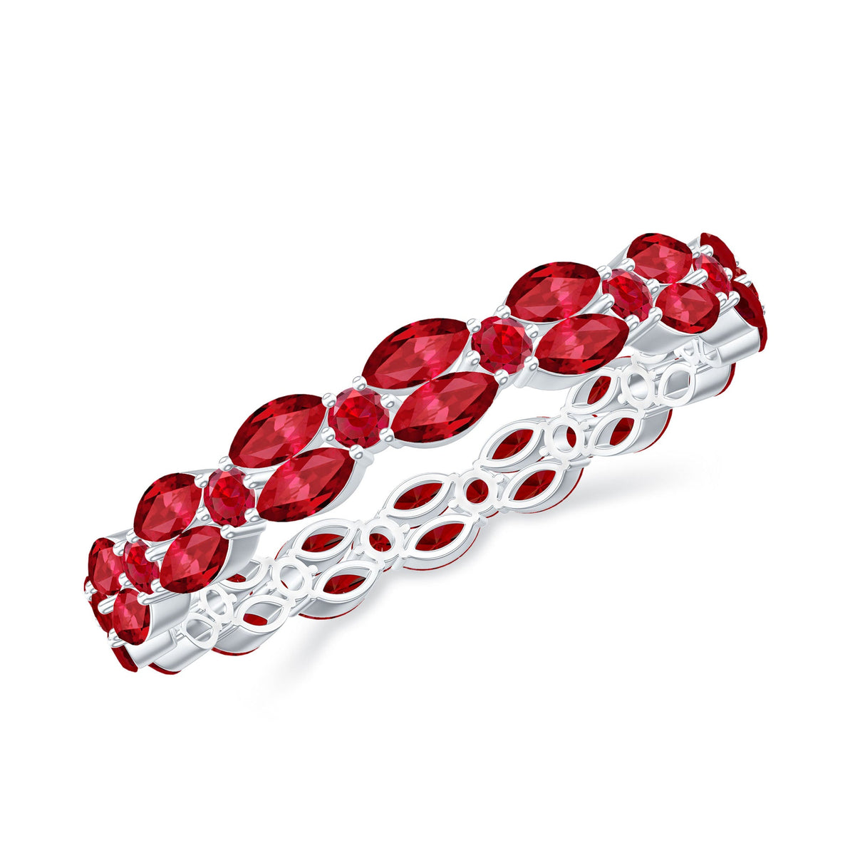Anillo de eternidad contemporáneo con rubíes creados, tallas marquesa y redonda