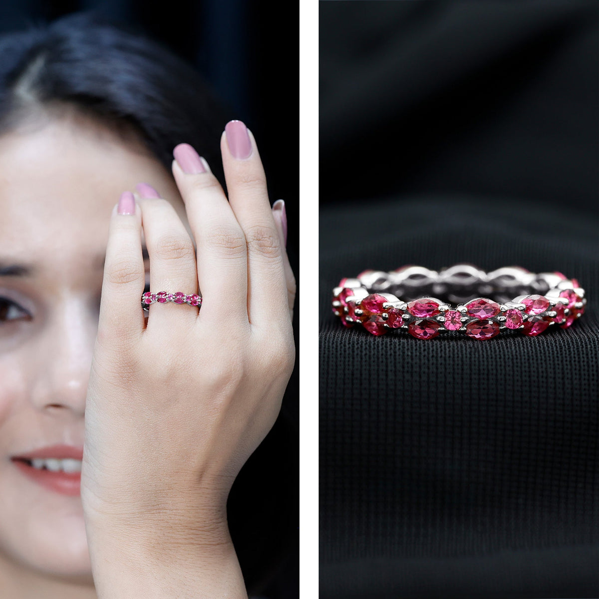 Anillo de eternidad contemporáneo con rubíes creados, tallas marquesa y redonda