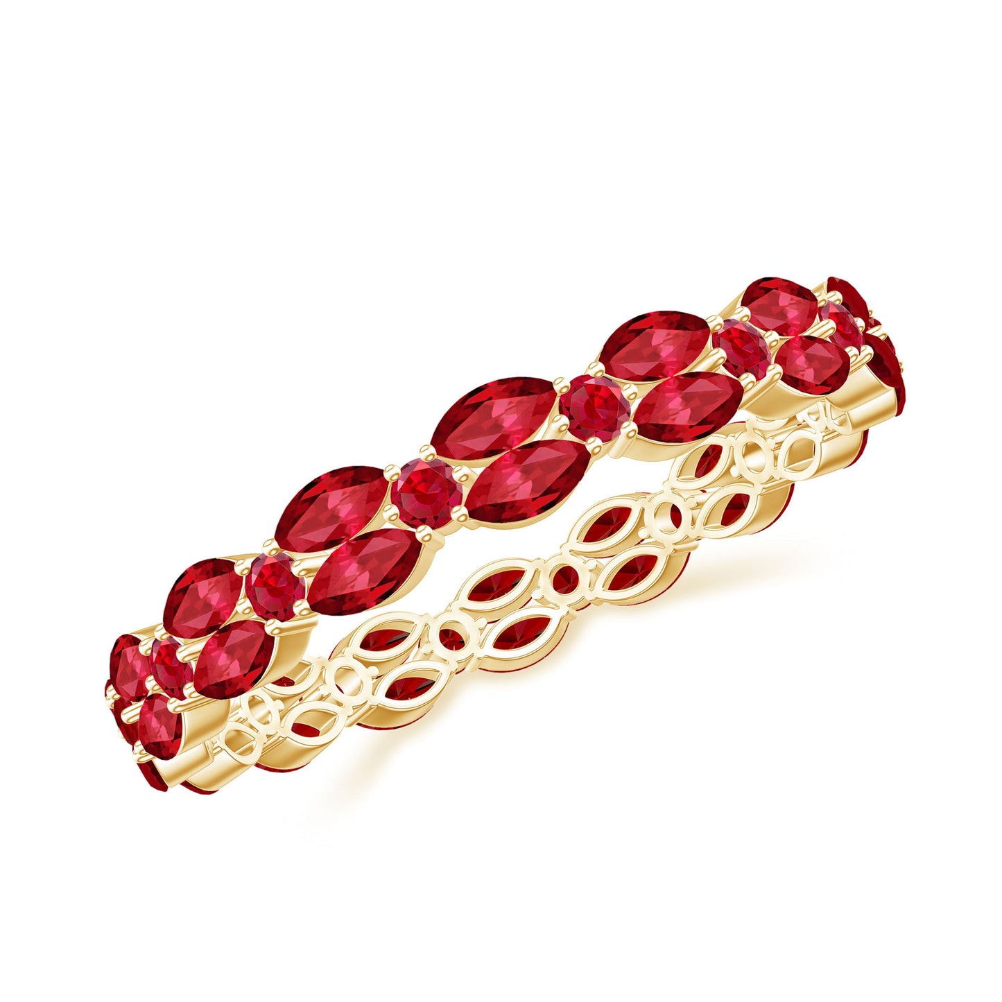 Anillo de eternidad contemporáneo con rubíes creados, tallas marquesa y redonda