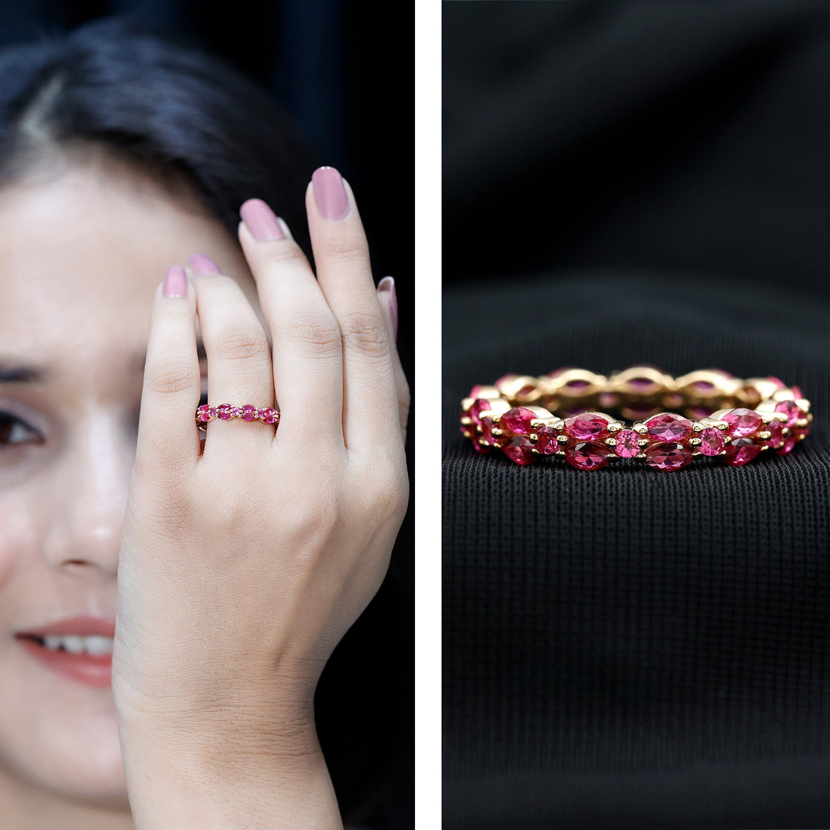 Anillo de eternidad contemporáneo con rubíes creados, tallas marquesa y redonda