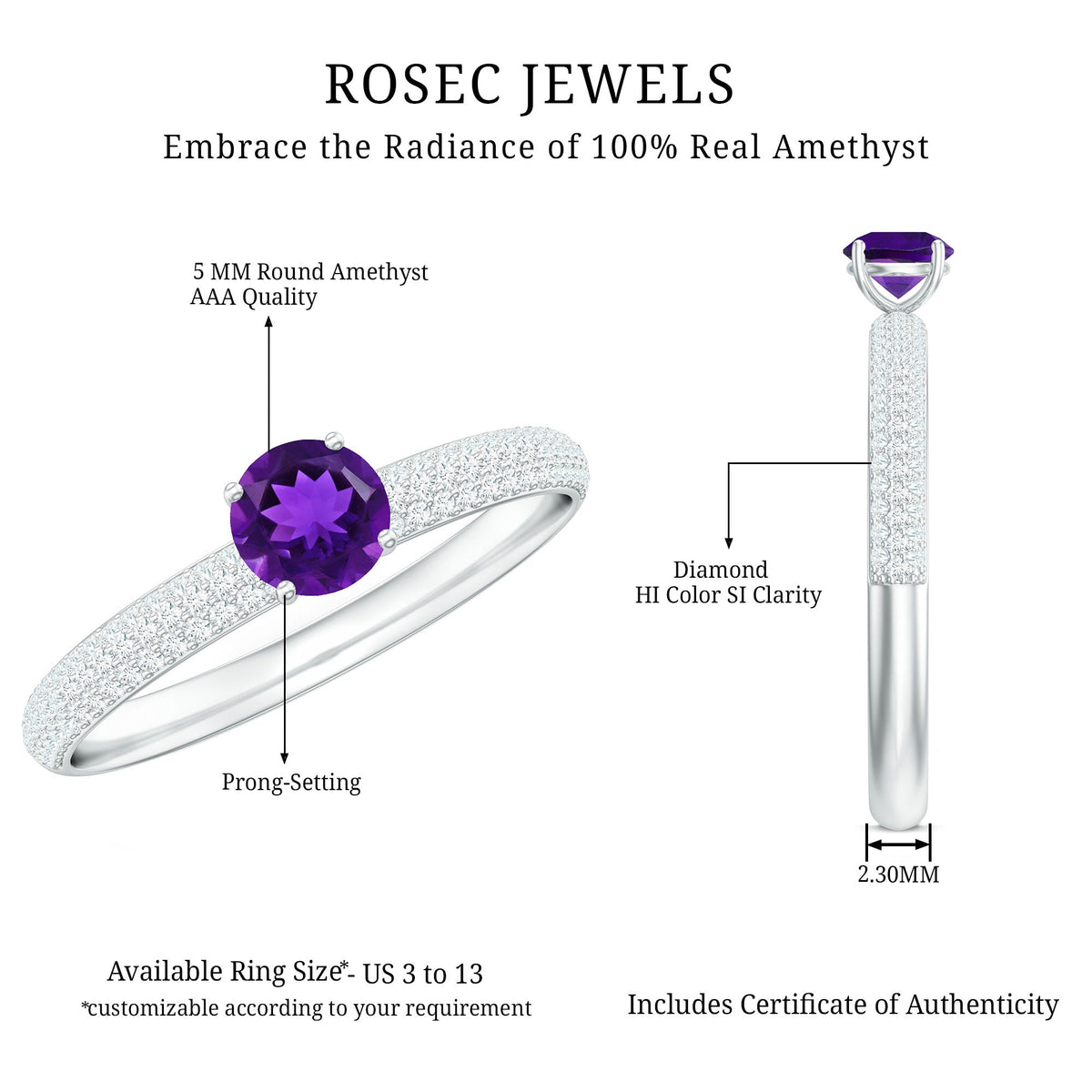 Anillo de compromiso de amatista natural con diamante para mujer