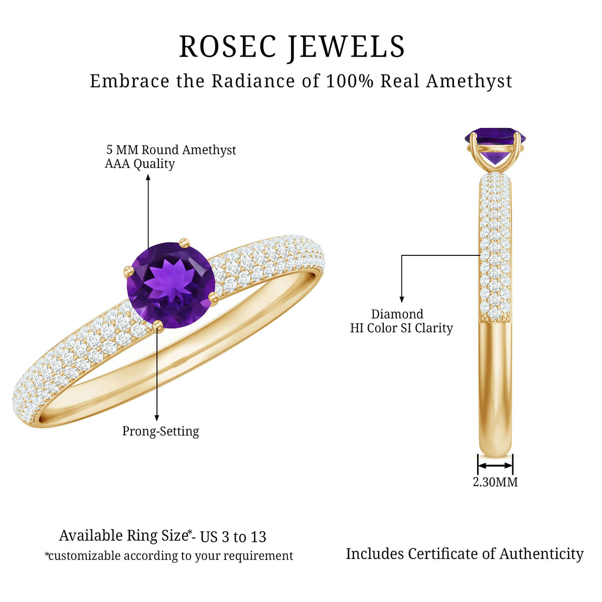 Anillo de compromiso de amatista natural con diamante para mujer