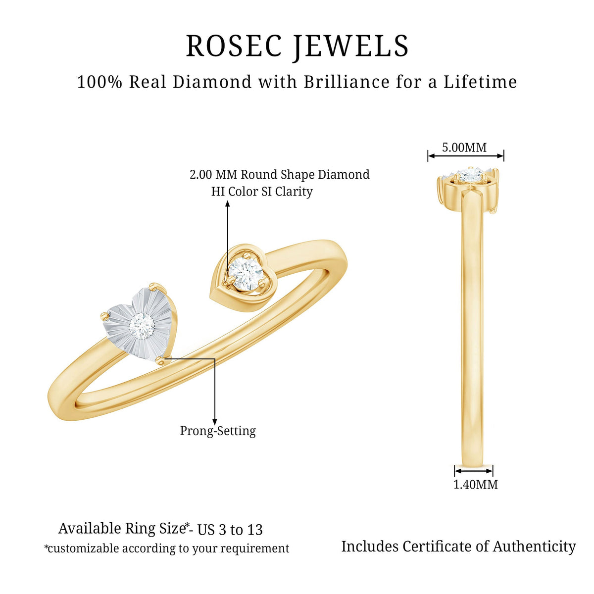 Anillo de Promesa de Corazón de Diamante Auténtico Certificado Estilo Brazalete