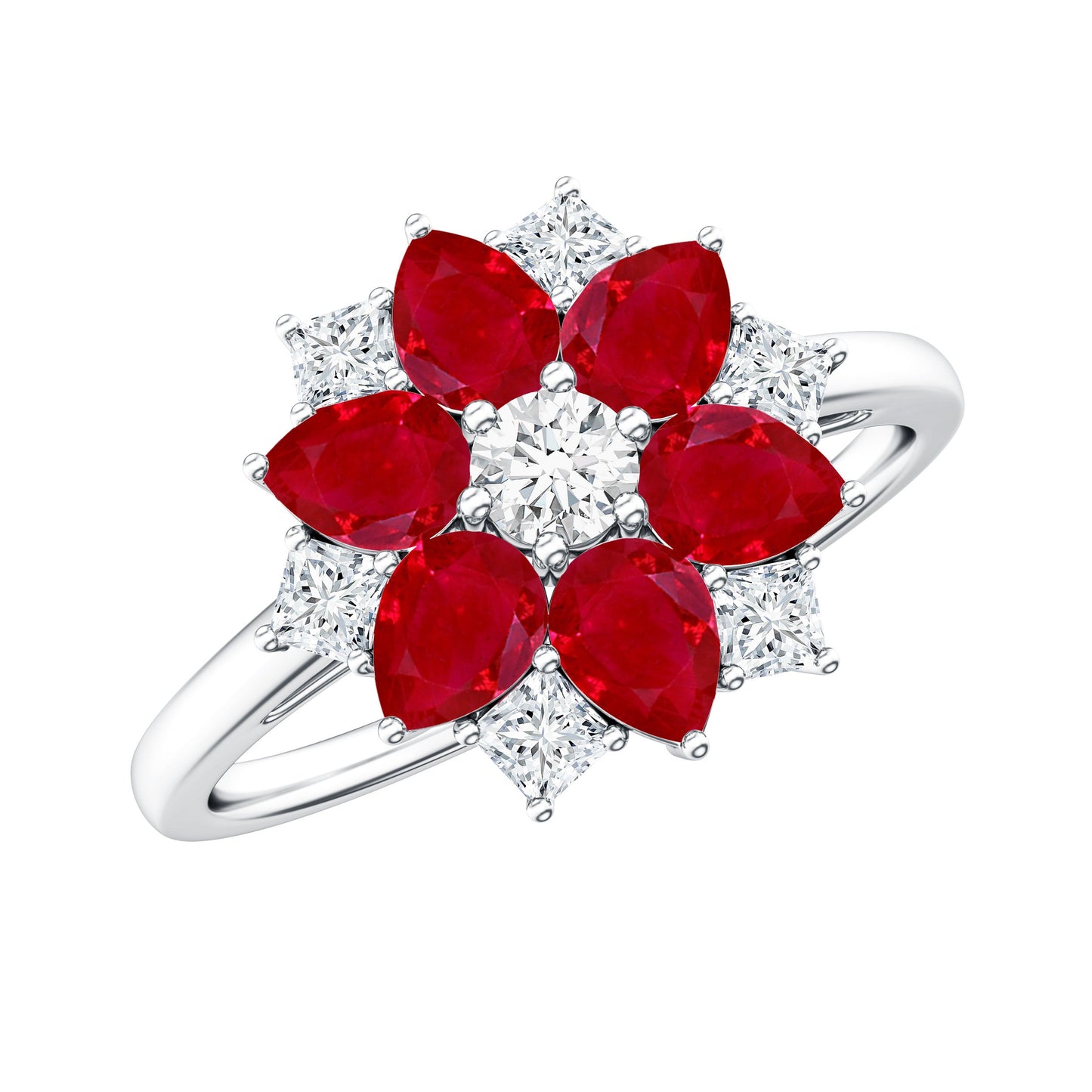Anillo de compromiso de flor con diamantes y rubí de forma de pera natural para mujer