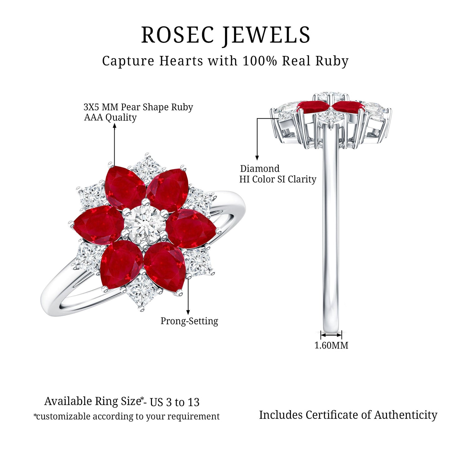 Anillo de compromiso de flor con diamantes y rubí de forma de pera natural para mujer