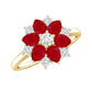 Anillo de compromiso de flor con diamantes y rubí de forma de pera natural para mujer
