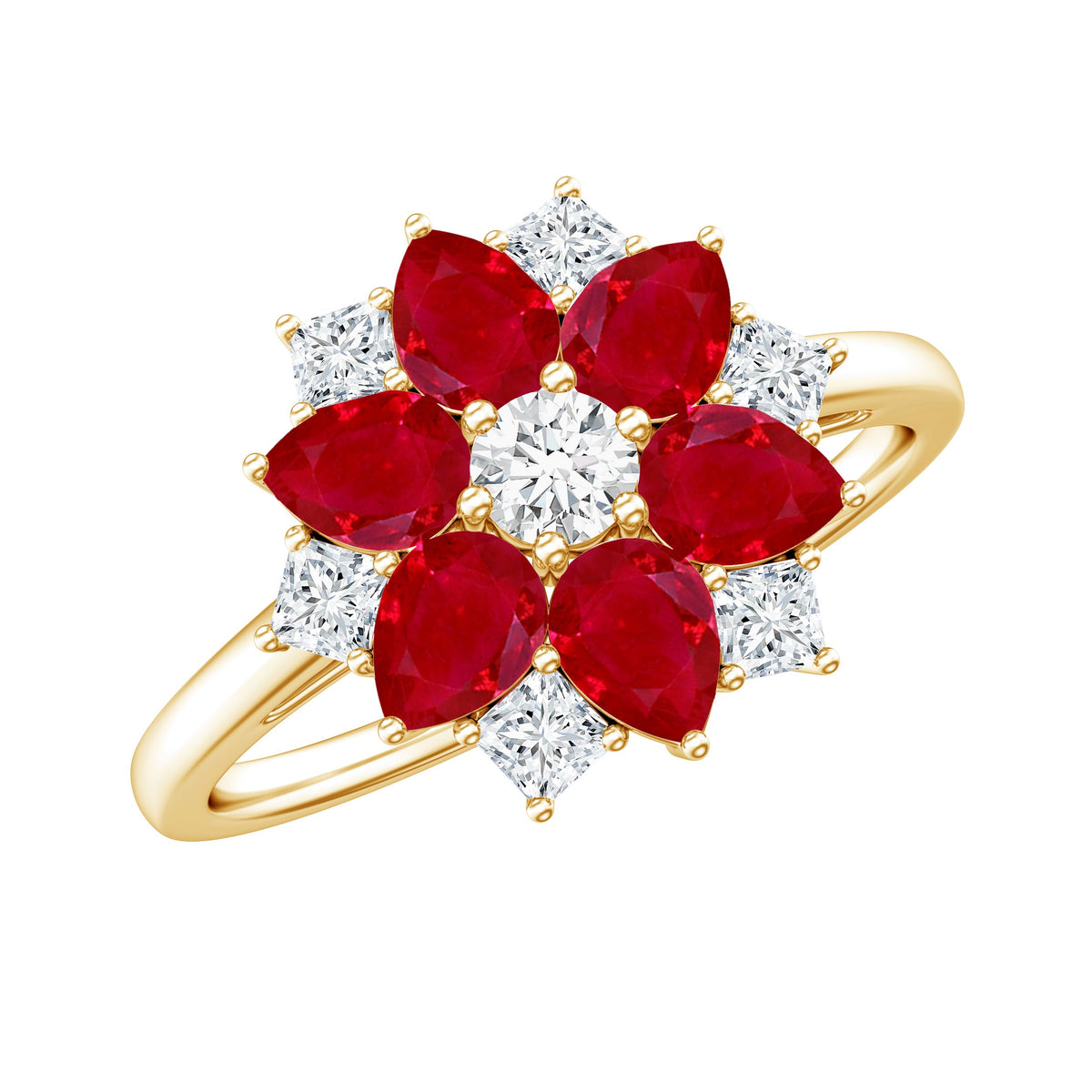 Anillo de compromiso de flor con diamantes y rubí de forma de pera natural para mujer