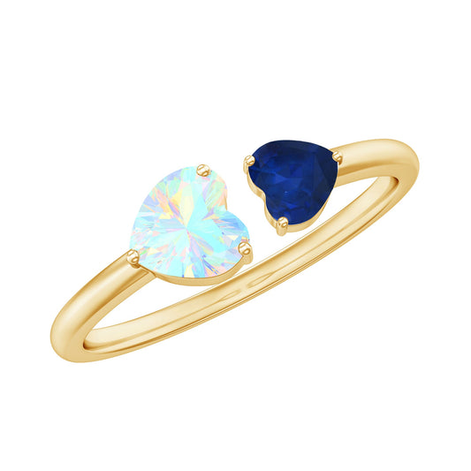 Anillo de promesa de dos piedras de ópalo etíope natural en forma de corazón y zafiro azul