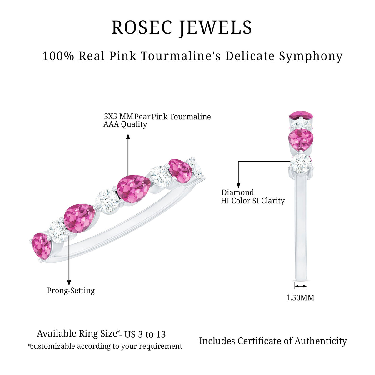Anillo de boda para mujer con turmalina rosa natural y diamantes