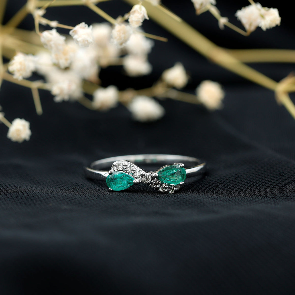 Natural Pear Emerald and Diamond Infinity Promise Ring