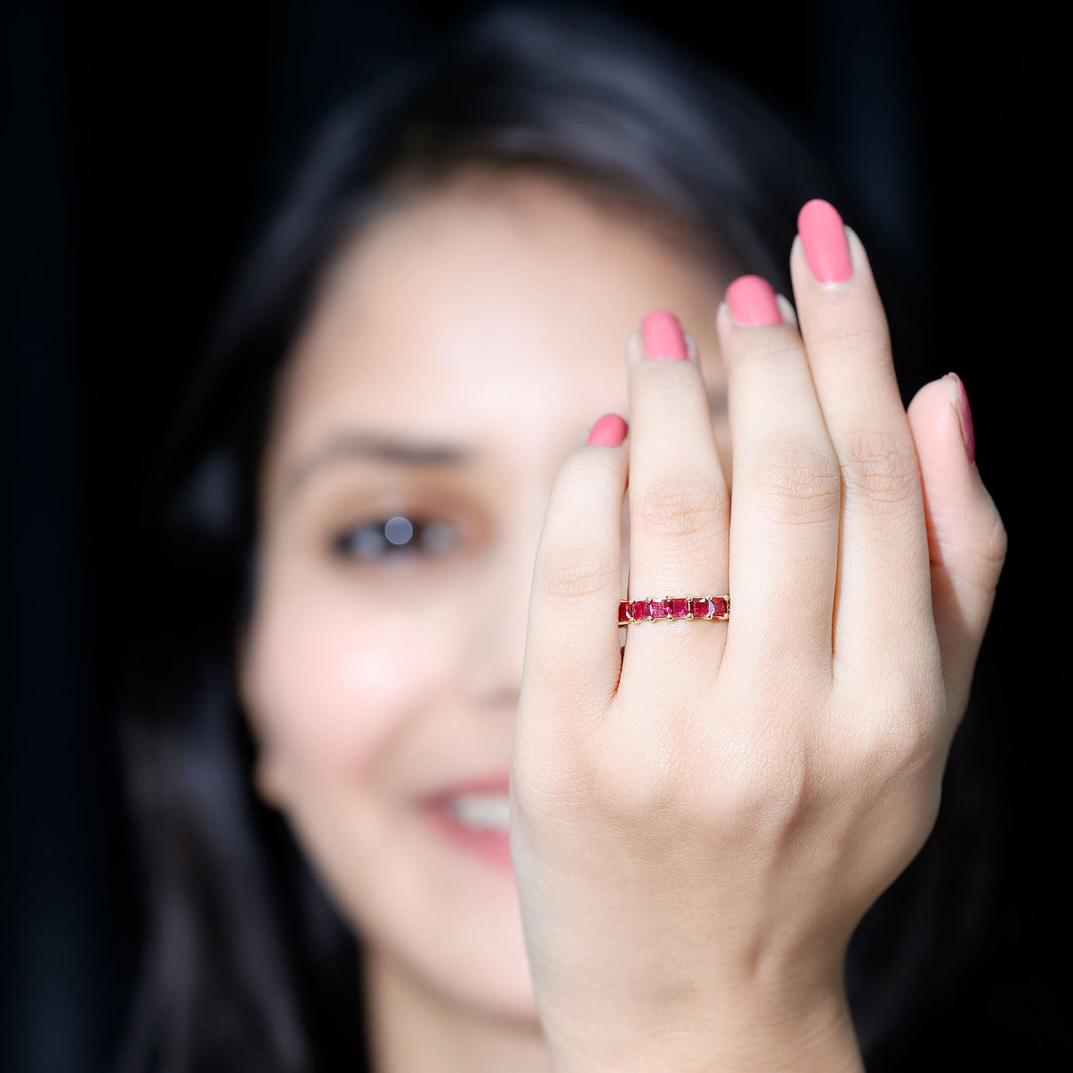 Princess Cut Lab Grown Ruby Eternity Wedding Band for Women