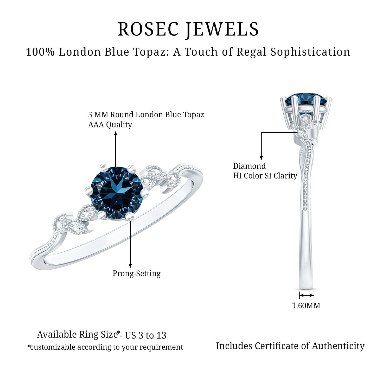 0.6 Carat Round London Blue Topaz Commitment Ring with Diamond
