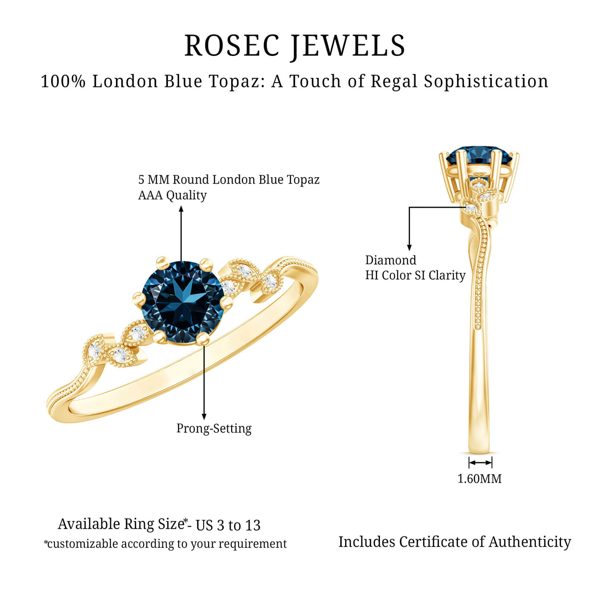 0.6 Carat Round London Blue Topaz Commitment Ring with Diamond