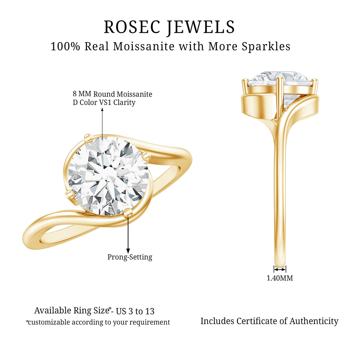 Round Cut 2 Carat Moissanite Solitaire Engagement Ring in Bypass Shank