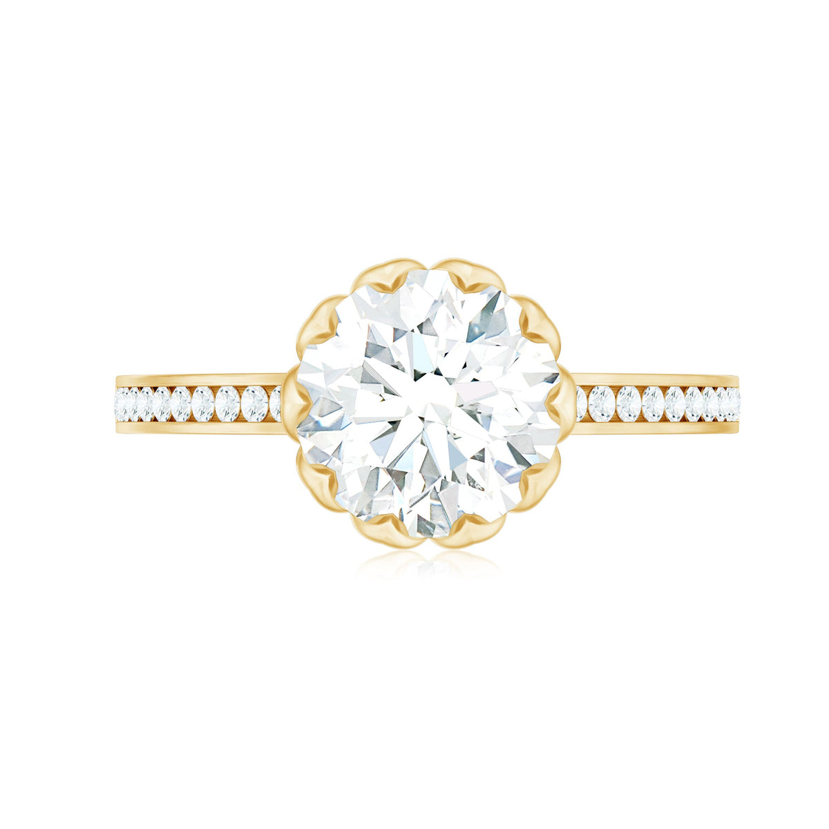 Round Moissanite Lotus Engagement Ring with Side Stones