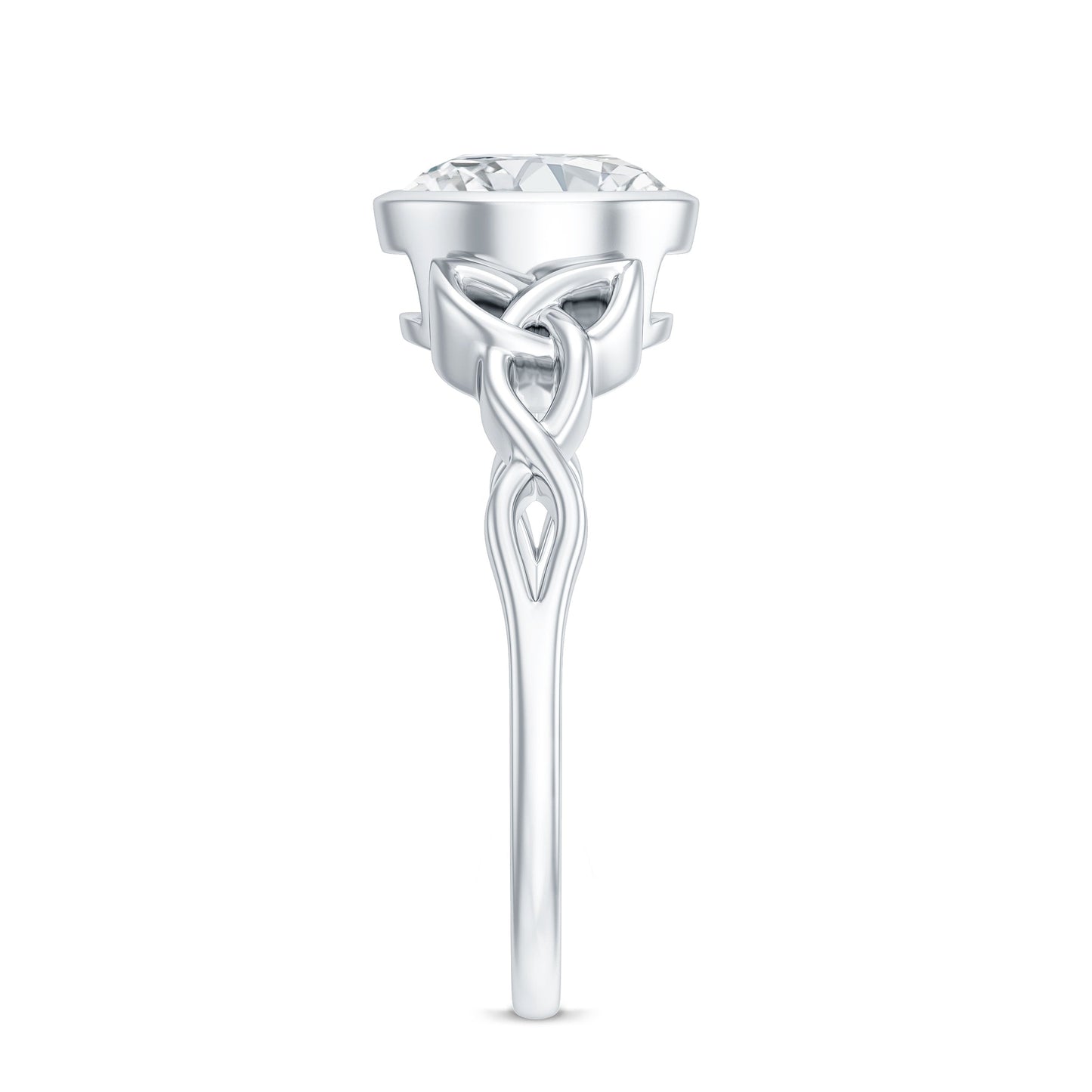 Anillo de compromiso solitario de moissanita con nudo celta y engaste biselado