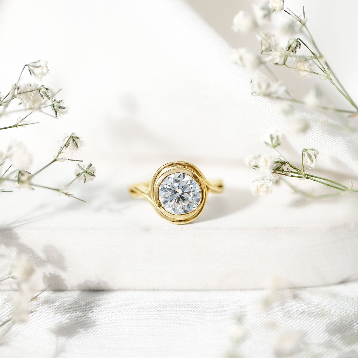 Certified Moissanite Bezel Set Engagement Ring with Crossover Shank